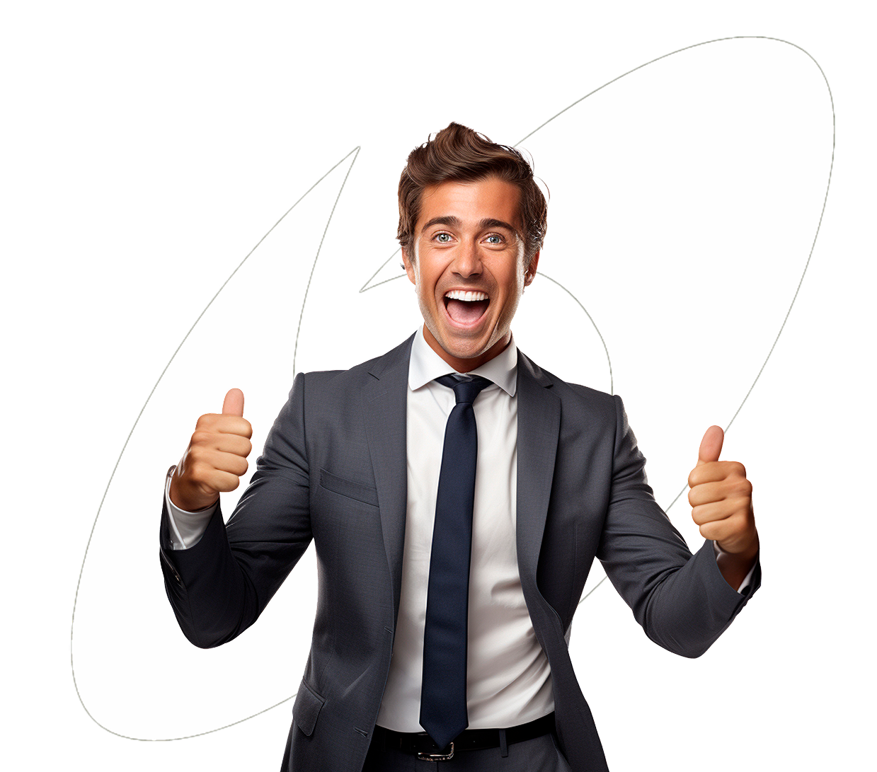 Hombre de negocios sonriente con traje y corbata mostrando pulgares hacia arriba.