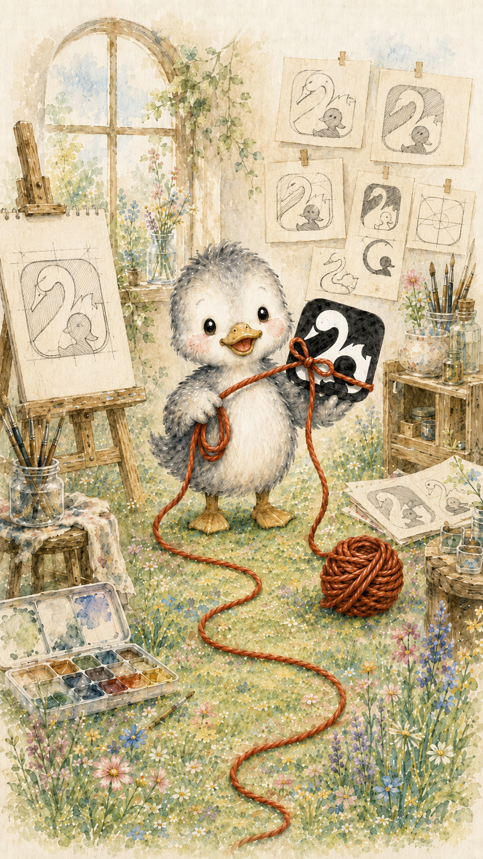 Enten-Maskottchen im Atelier vor einer Skizzenwand mit Schwan-Logo-Entwürfen, Branding-Illustration