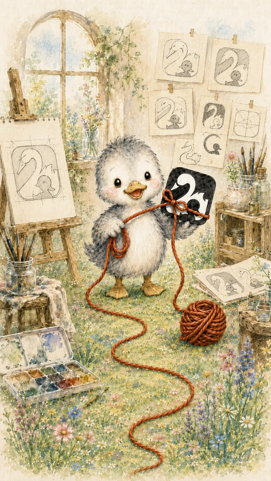 Enten-Maskottchen im Atelier vor einer Skizzenwand mit Schwan-Logo-Entwürfen, Branding-Illustration