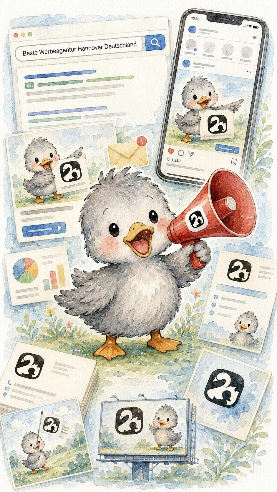 Werbeagentur-Collage mit Enten-Maskottchen und Megafon zum Thema „Beste Werbeagentur Hannover“, Hochformat