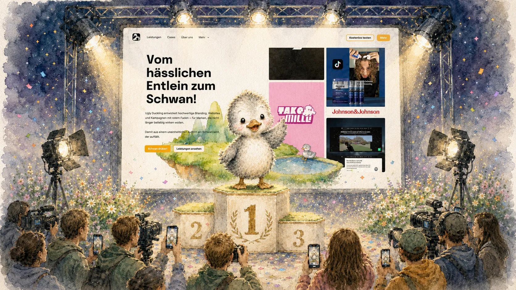 Bühnenpräsentation „Vom hässlichen Entlein zum Schwan“ mit Website-Mockup und Siegerpodest, Querformat