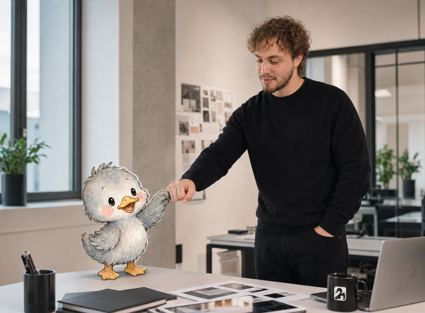 Andreas Kilkeew, Gründer der Werbeagentur Dein Blickfänger in Hannover, gibt im Büro dem Enten-Maskottchen einen Fistbump
