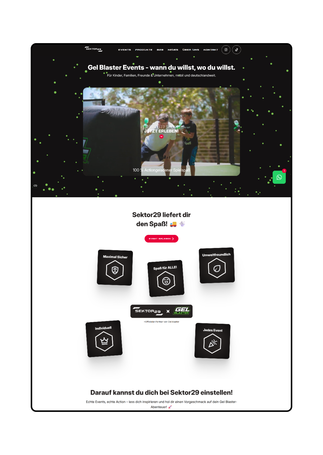 Website-Mockup der Sektor29-Case-Study im Browserfenster mit Startseite, Hero-Bereich und Features
