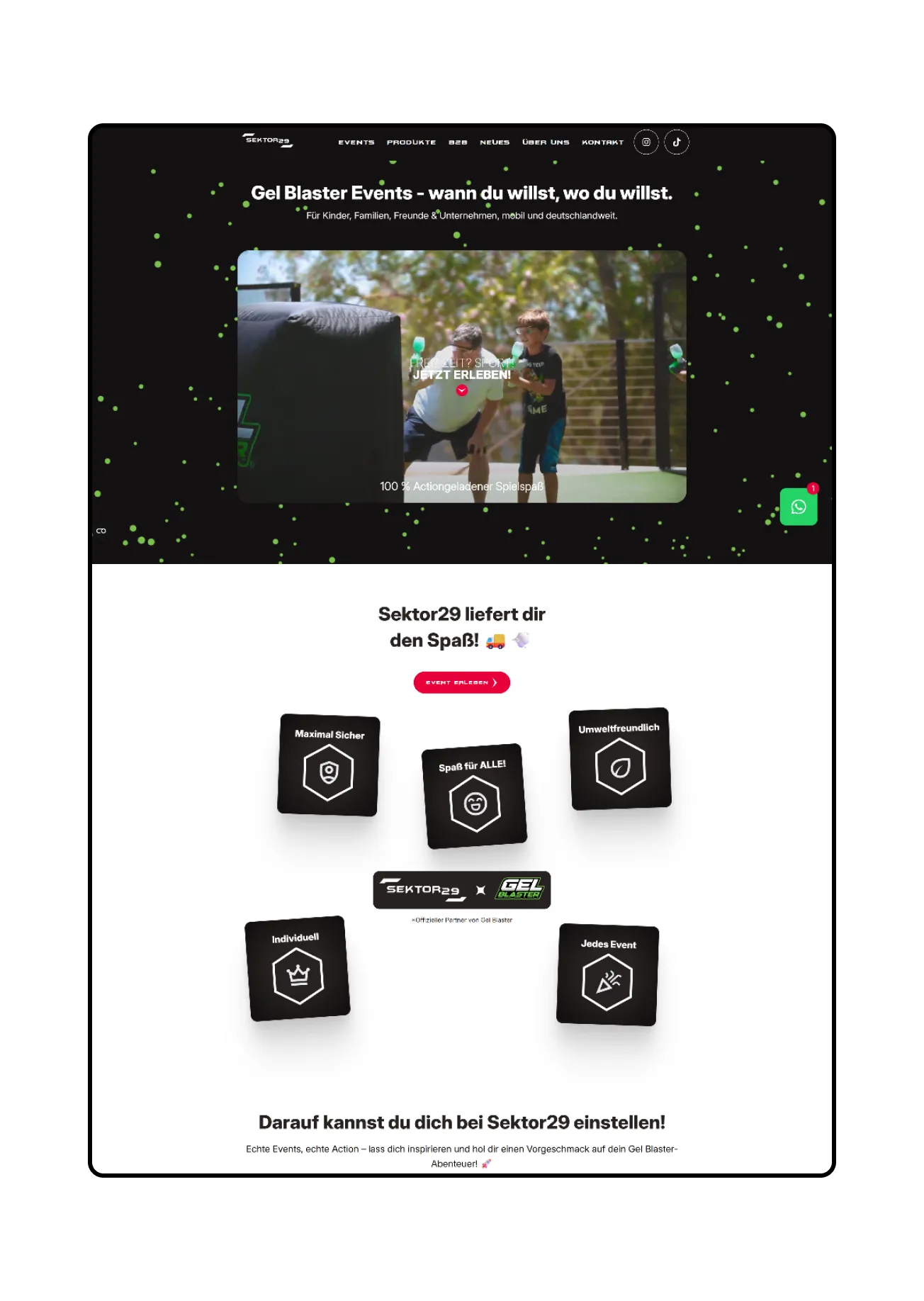 Website-Mockup der Sektor29-Case-Study im Browserfenster mit Startseite, Hero-Bereich und Features