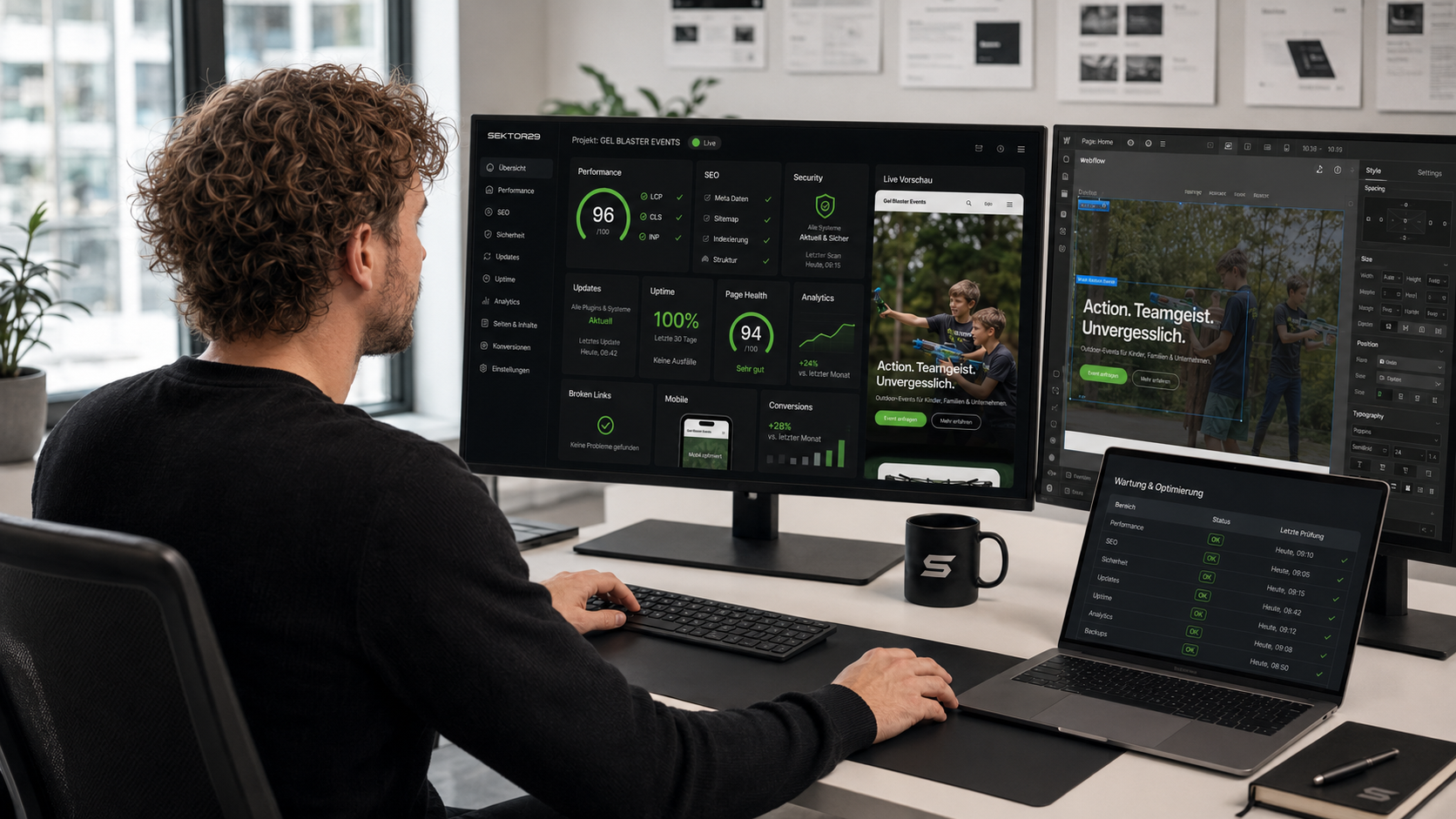 Mann analysiert Marketing-Dashboard mit Kennzahlen und Kampagnen-Screen