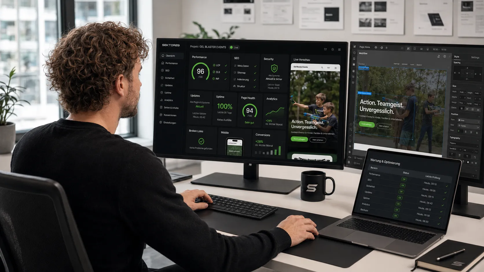 Mann analysiert Marketing-Dashboard mit Kennzahlen und Kampagnen-Screen