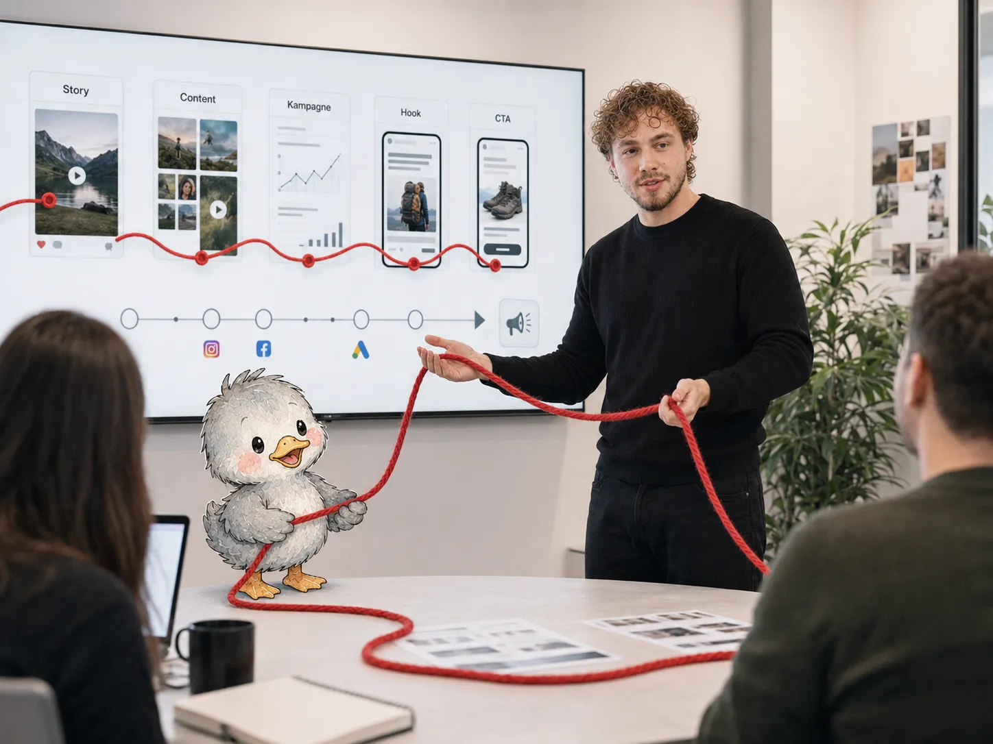 Overhead-Ansicht einer Brand-Identity-Arbeitssession mit Logo-Skizzen, Typografie und Farbmustern