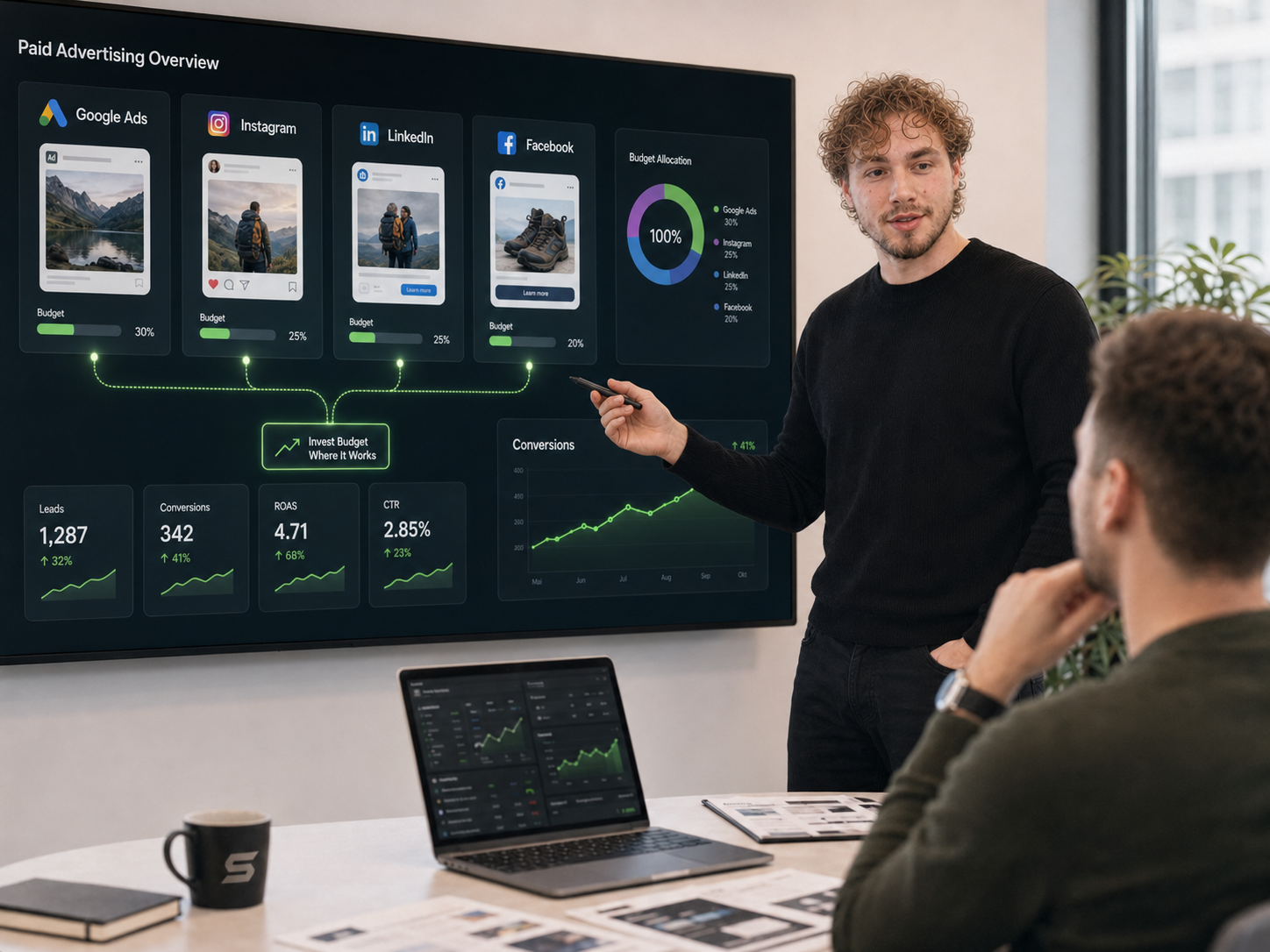 Präsentation eines Paid-Advertising-Dashboards mit Budget- und Conversion-Übersicht