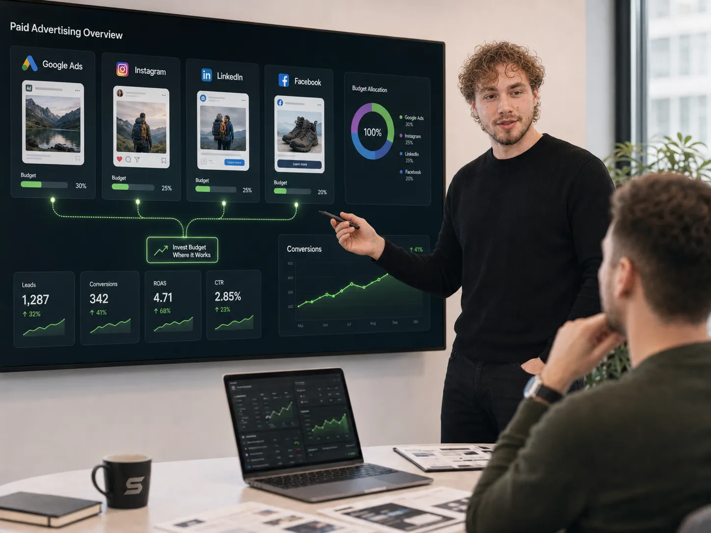 Präsentation eines Paid-Advertising-Dashboards mit Budget- und Conversion-Übersicht