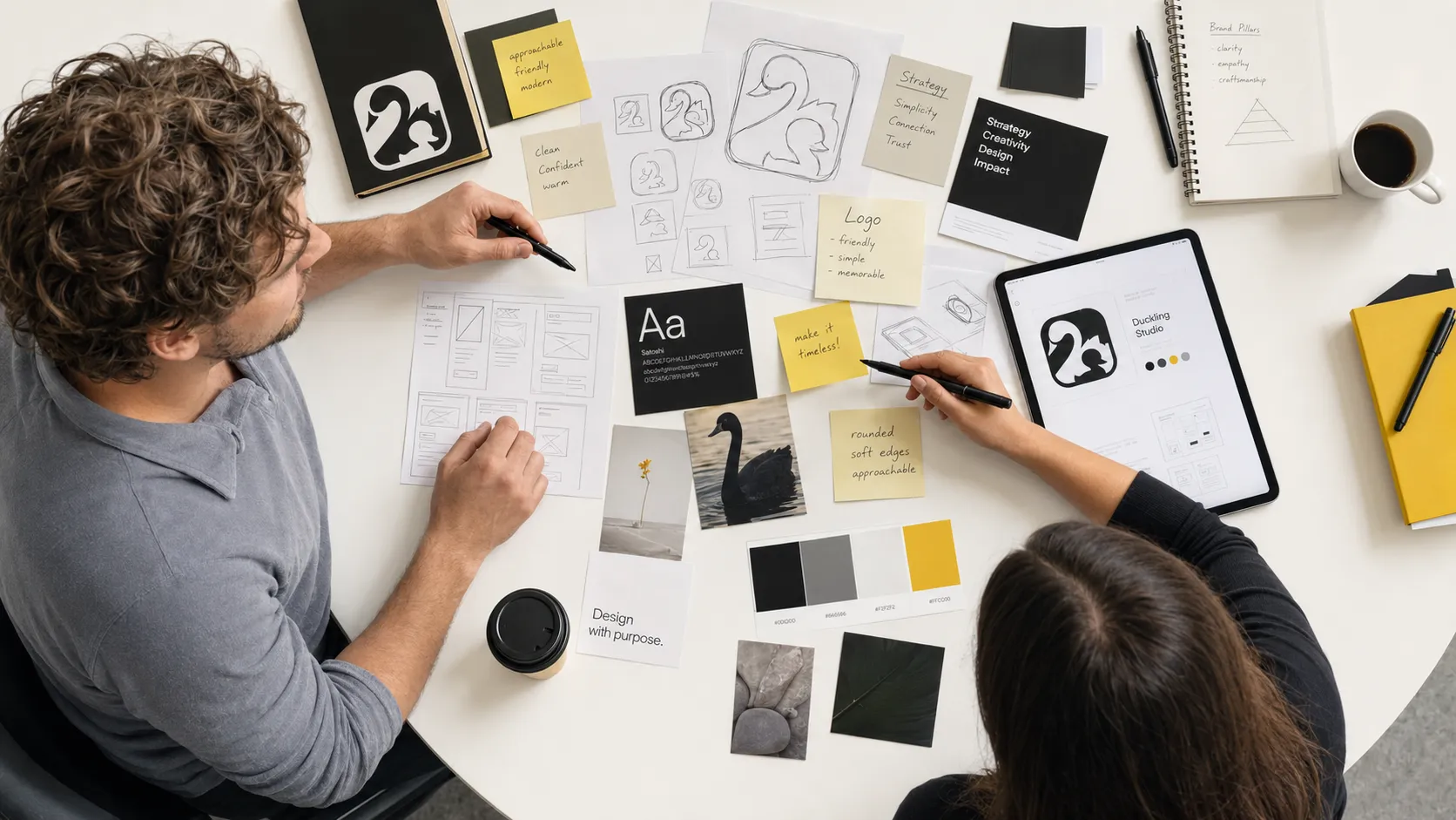 Overhead-Ansicht eines Branding-Workshops mit Schwan-Logo-Skizzen, Moodboard und Klebezetteln auf dem Tisch