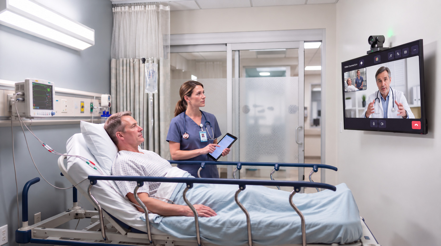 An emergency department nurse with a tablet stands beside a patient's bed while a remote physician joins on the in-room display and camera