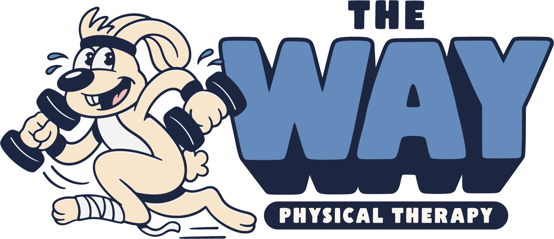 Cartoon rabbit running and lifting dumbbells sweating next to the text 'The Way Physical Therapy'.
