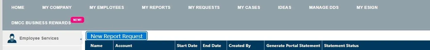 Портал DMCC, кнопка New Report Request на странице Portal Statement