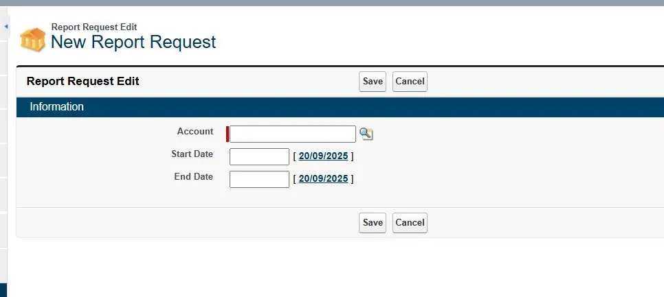 Портал DMCC, форма New Report Request с полями Account, Start Date, End Date и кнопкой Save