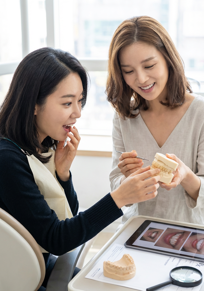 Two women smiling and admiring their bright smiles together while looking at a handheld mirror