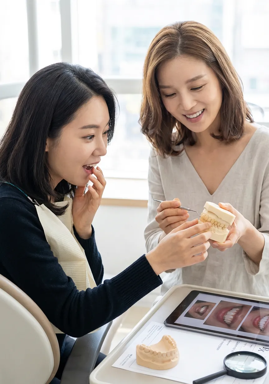 Two women smiling and admiring their bright smiles together while looking at a handheld mirror
