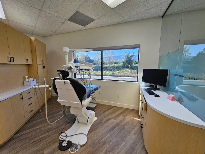 Modern dental treatment room at CL Family Dentistry featuring a patient chair, overhead light, and a wide window with a hillside view