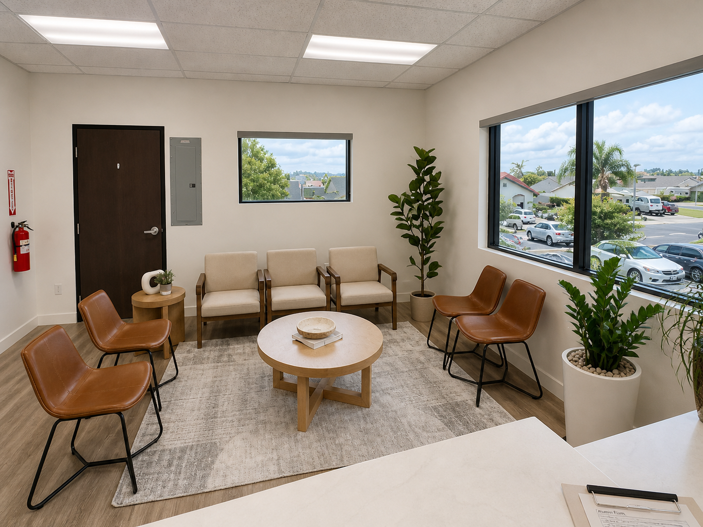 A welcoming reception area and waiting lounge with a white reception desk, comfortable seating in cream and cognac leather, a round wooden table with natural light from large windows, green plants, and views of the surrounding landscape.