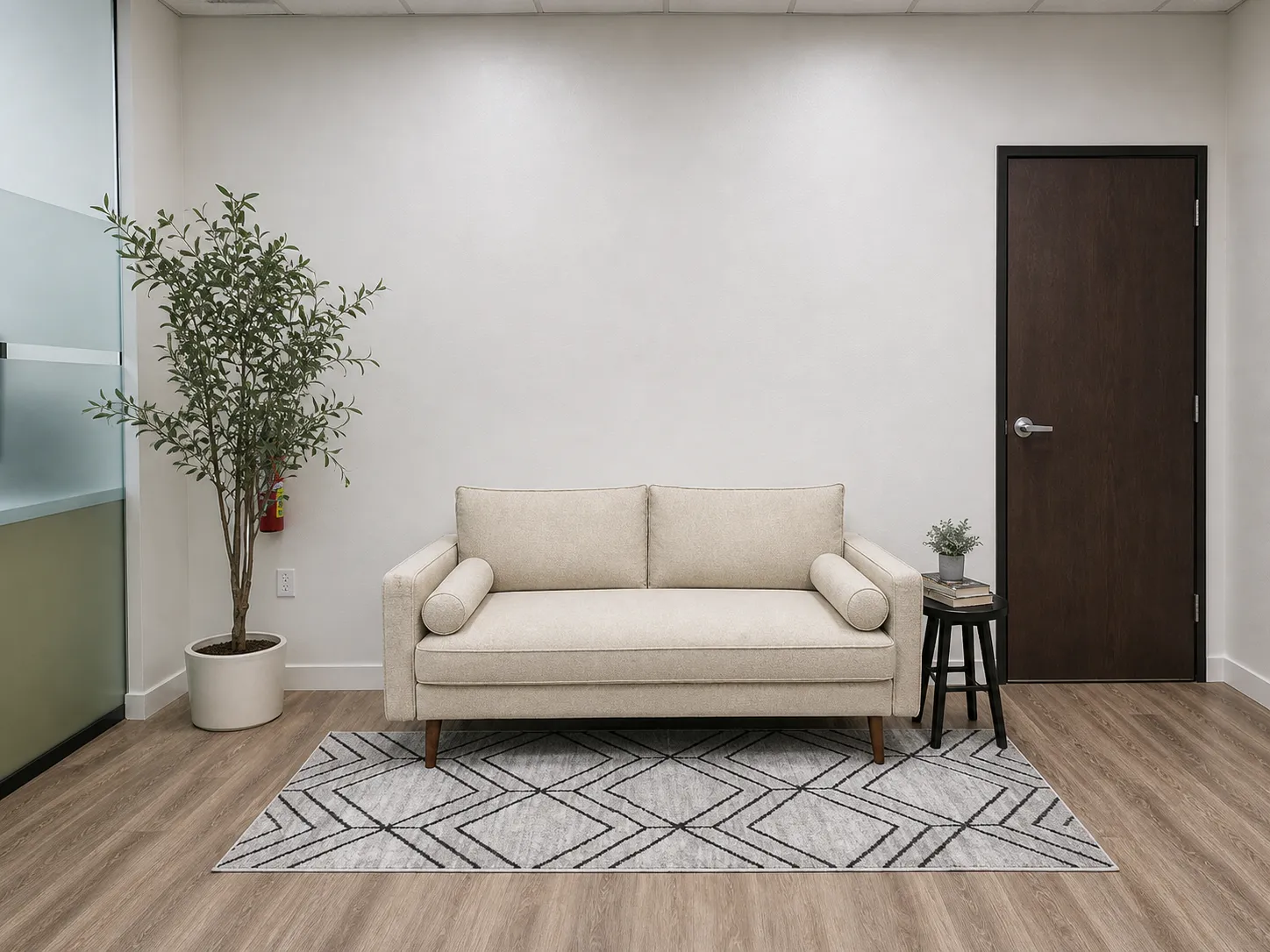 A bright waiting room with a cream colored sofa, potted plant, side table with books, patterned area rug, and dark wooden door against neutral walls.