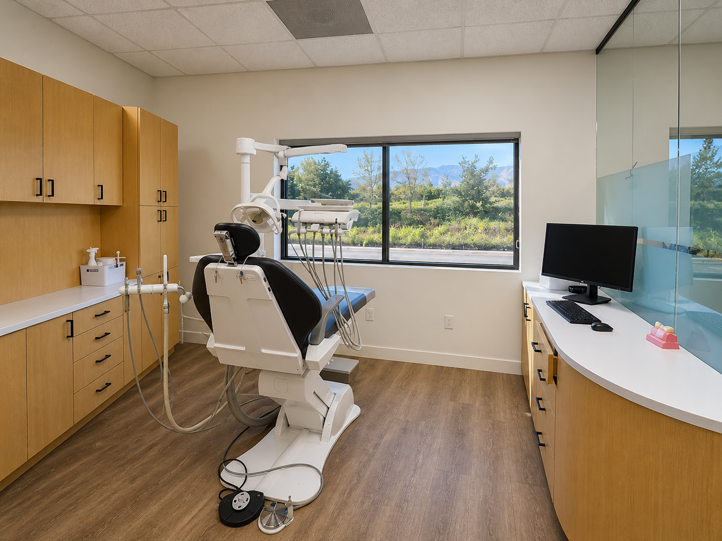 A modern clinical operatory with a white and black dental chair, golden cabinetry, computer monitor, large windows with panoramic views of trees and mountains, bright lighting, and organized instrument trays.
