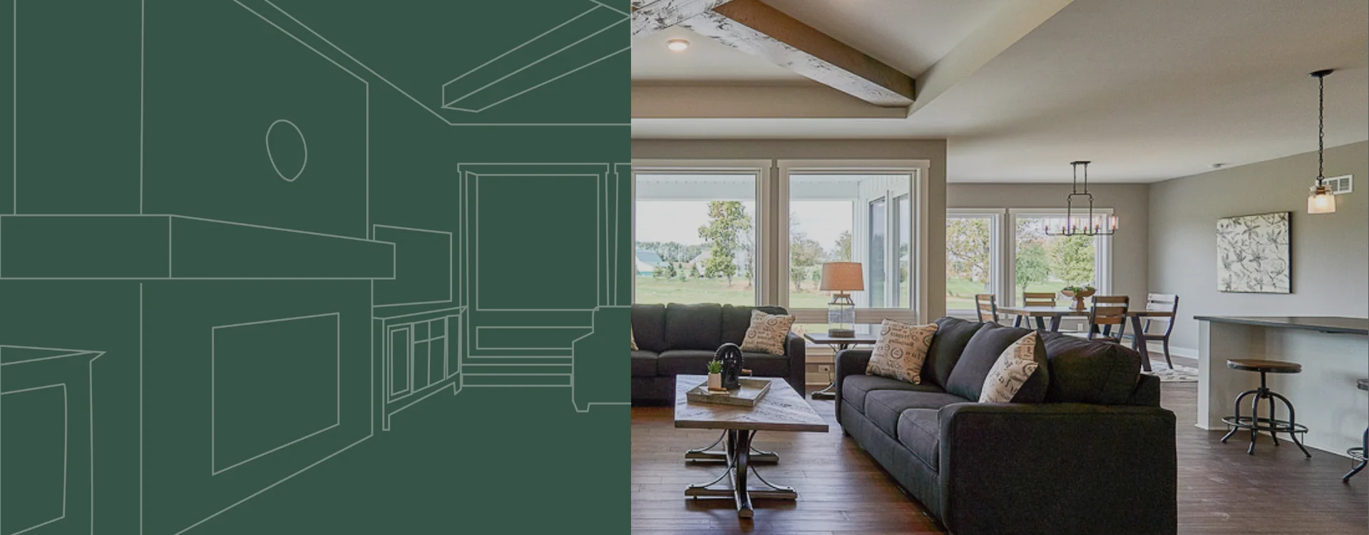 living room split with blueprint