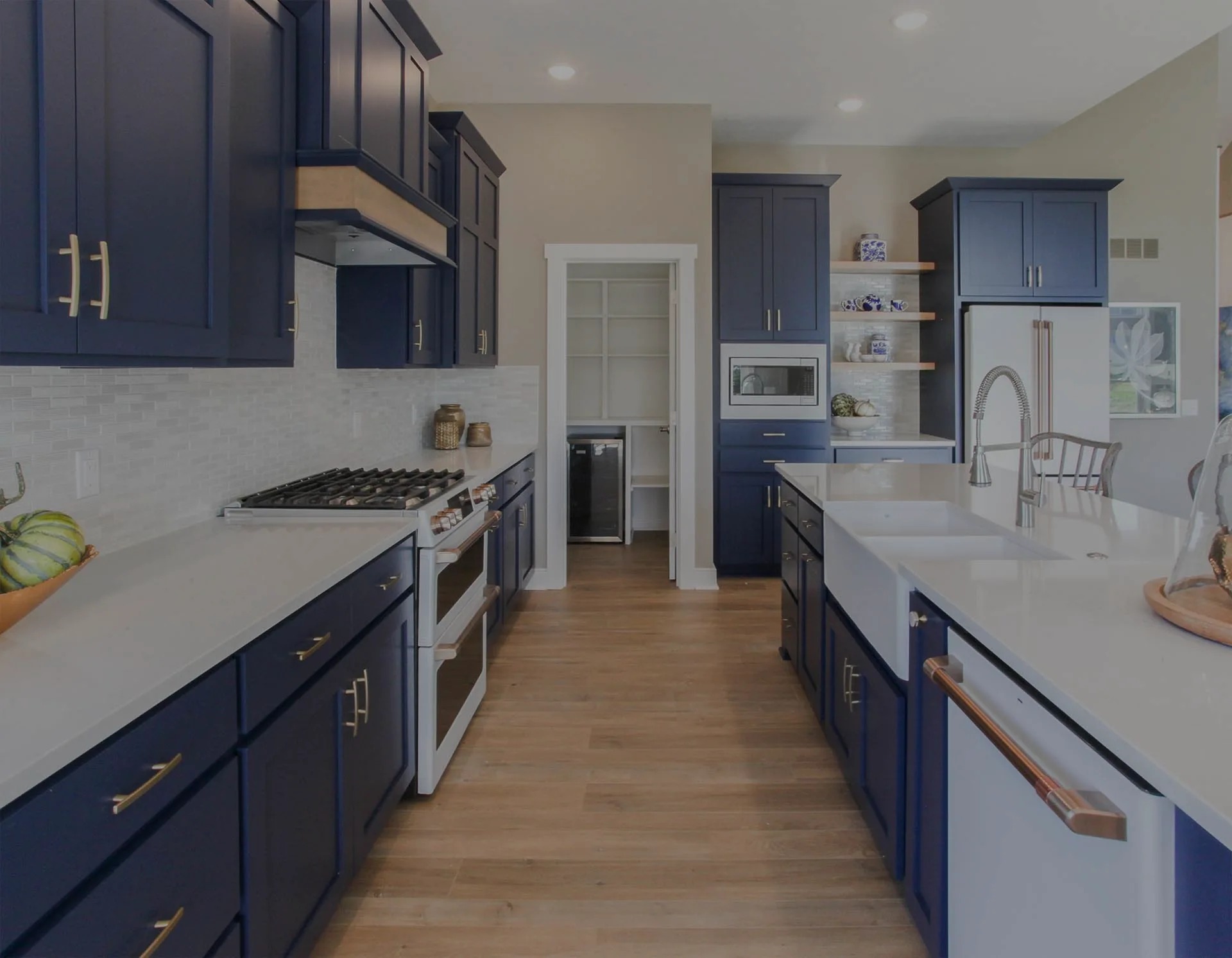 blue cabinet kitchen with gradient