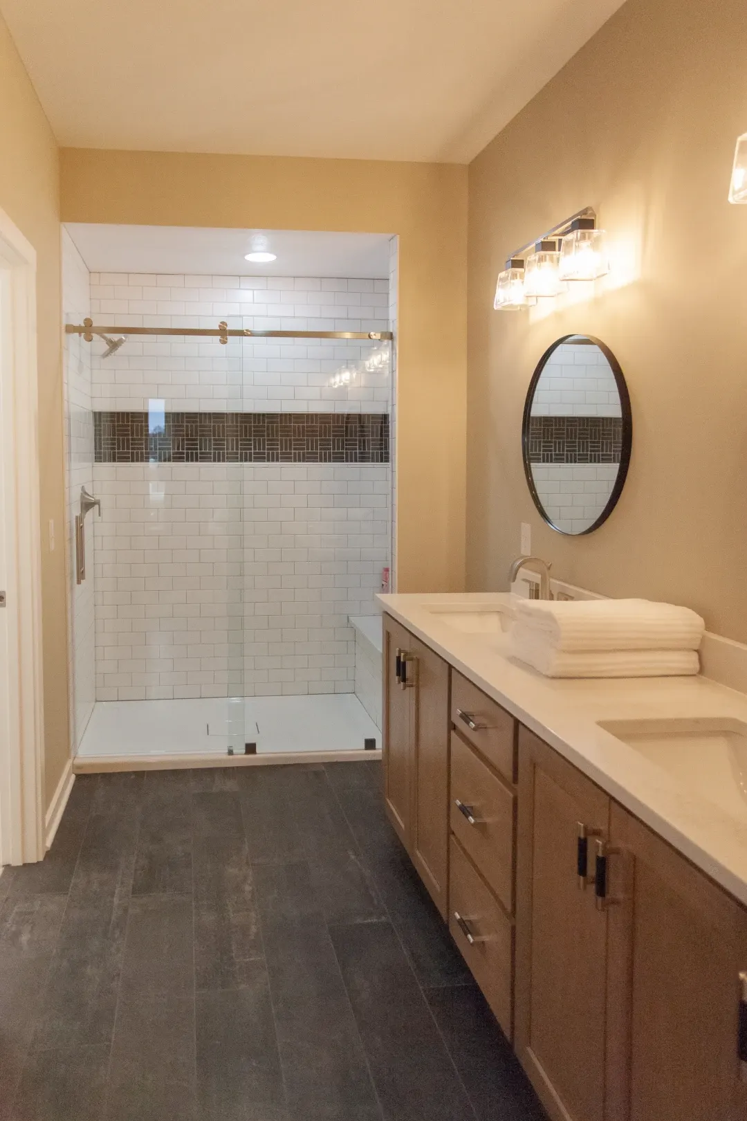 bathroom walk in shower and vanity