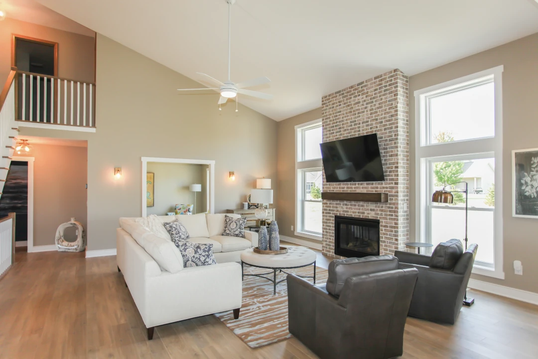 modern home living space stone fireplace