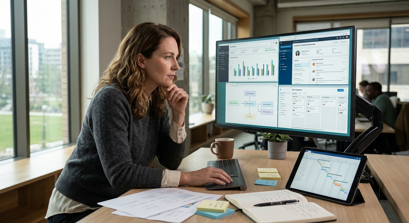 A focused business professional working at a modern desk surrounded by synchronized computer screens and integrated AI workflow dashboards in a naturally-lit, contemporary workspace.