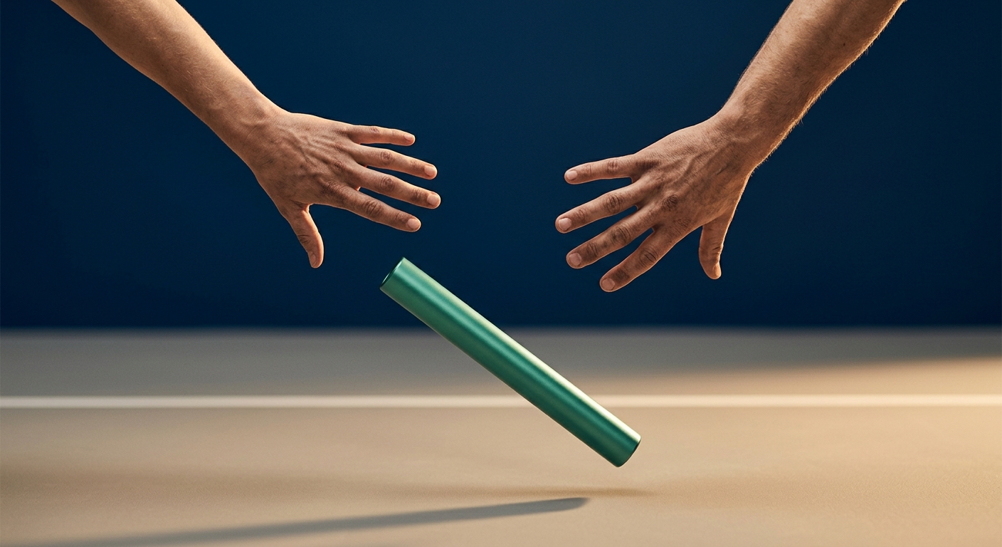 Two cropped hands reaching for a green baton that is slipping and falling between them, symbolizing a broken handoff and lost context.