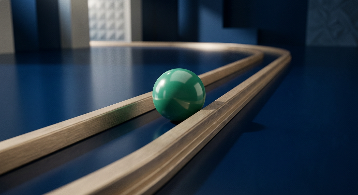 A green sphere rolling steadily along brushed-metal guide rails on a polished surface, symbolizing safeguards keeping automation on track.