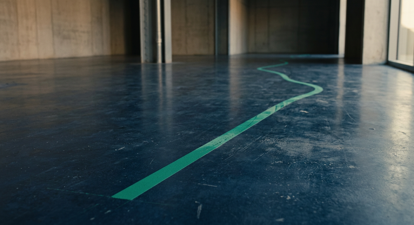 A straight green painted line on a concrete floor that gradually bends and wanders off course, symbolizing AI agent drift.