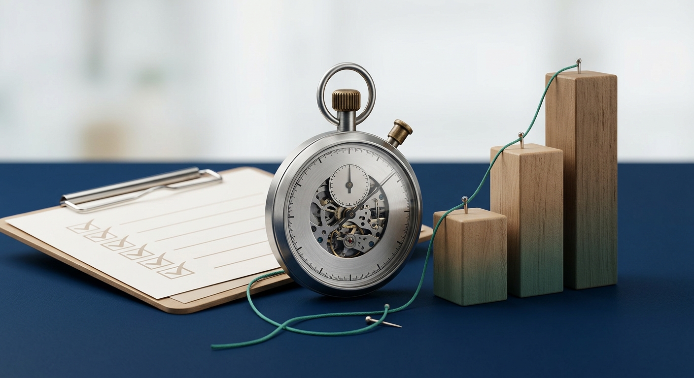 A still-life of an analog stopwatch beside rising graduated bar blocks and a blank checklist clipboard, representing tracking metrics to prove AI ROI.