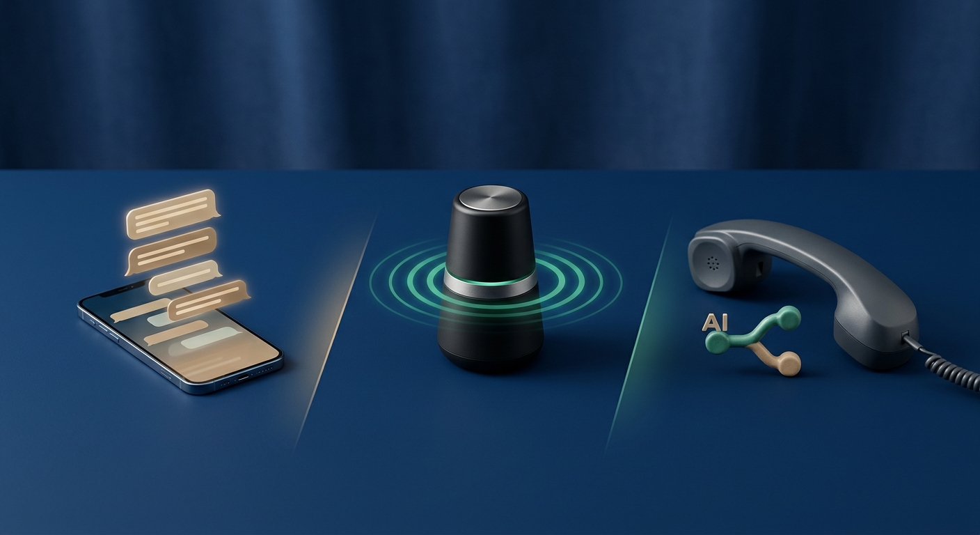 Three staged object groupings on a deep blue surface representing SMS messaging, voice AI sound waves, and a hybrid phone-handoff setup.