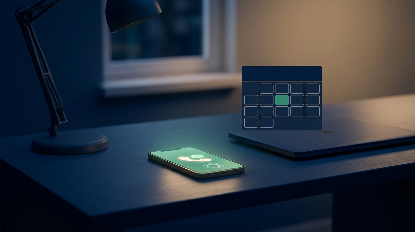 A glowing smartphone on a darkened, empty front desk at night, with an abstract calendar block highlighted, suggesting after-hours call capture.