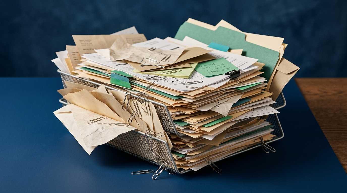 An overstuffed paper tray overflowing chaotically with mismatched documents, representing a single overloaded AI prompt doing too much at once.