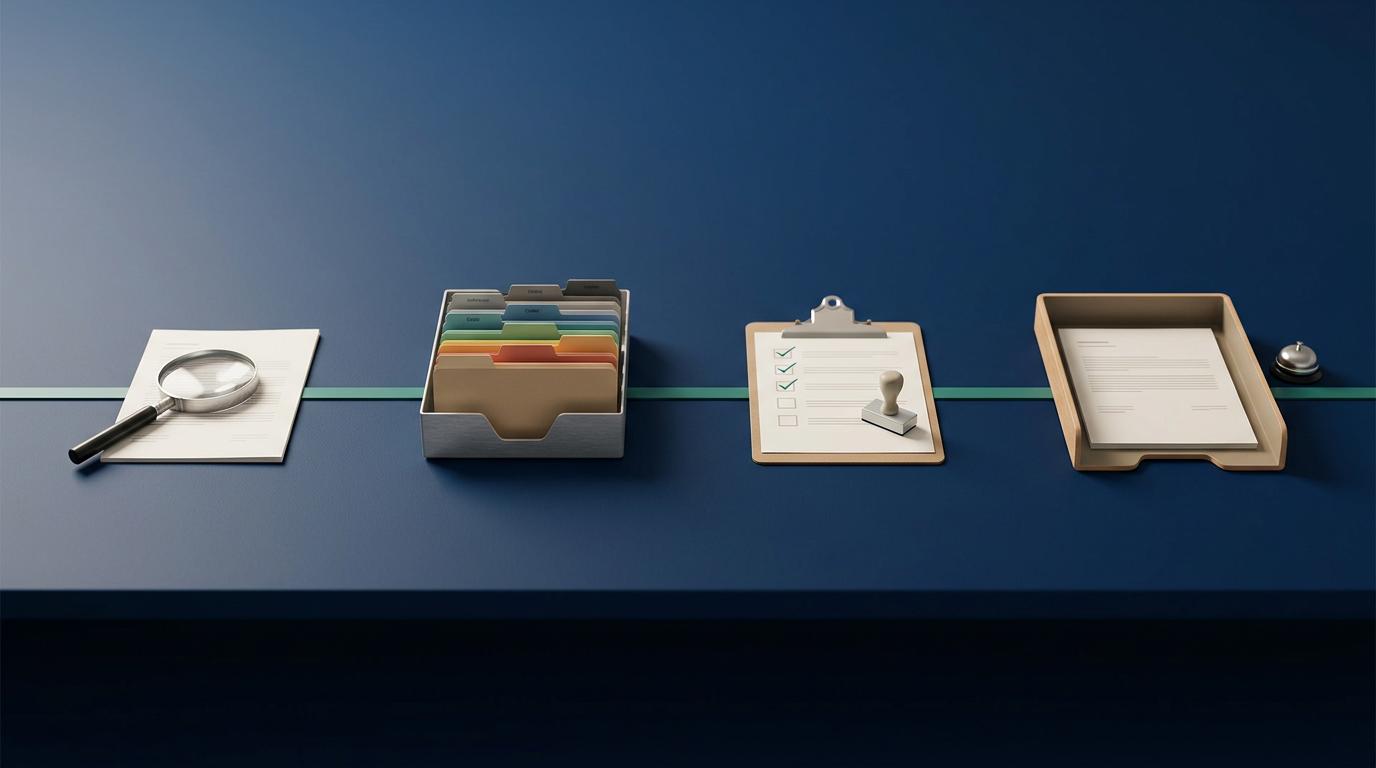 A staged miniature assembly line of four labeled stations representing the extract, classify, verify, and execute workflow stages.