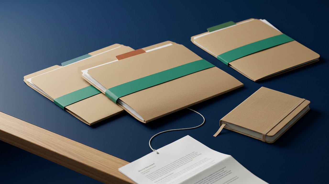 Neatly organized labeled folders sealed with approval bands beside an audit ledger, representing compliant business document automation with traceability.