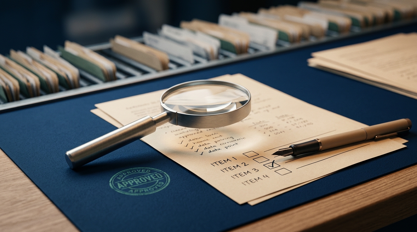 A document paused under a magnifier with an approval stamp and checklist, representing a designed human review checkpoint in an AI workflow.