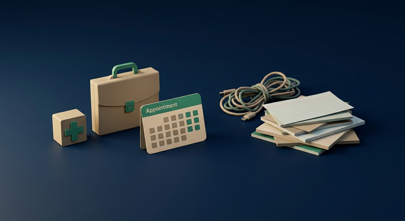 A tidy group of clinic, briefcase, and calendar objects beside a contrasting tangle of cords and scattered cards, illustrating ideal business fits versus AI project failure patterns.