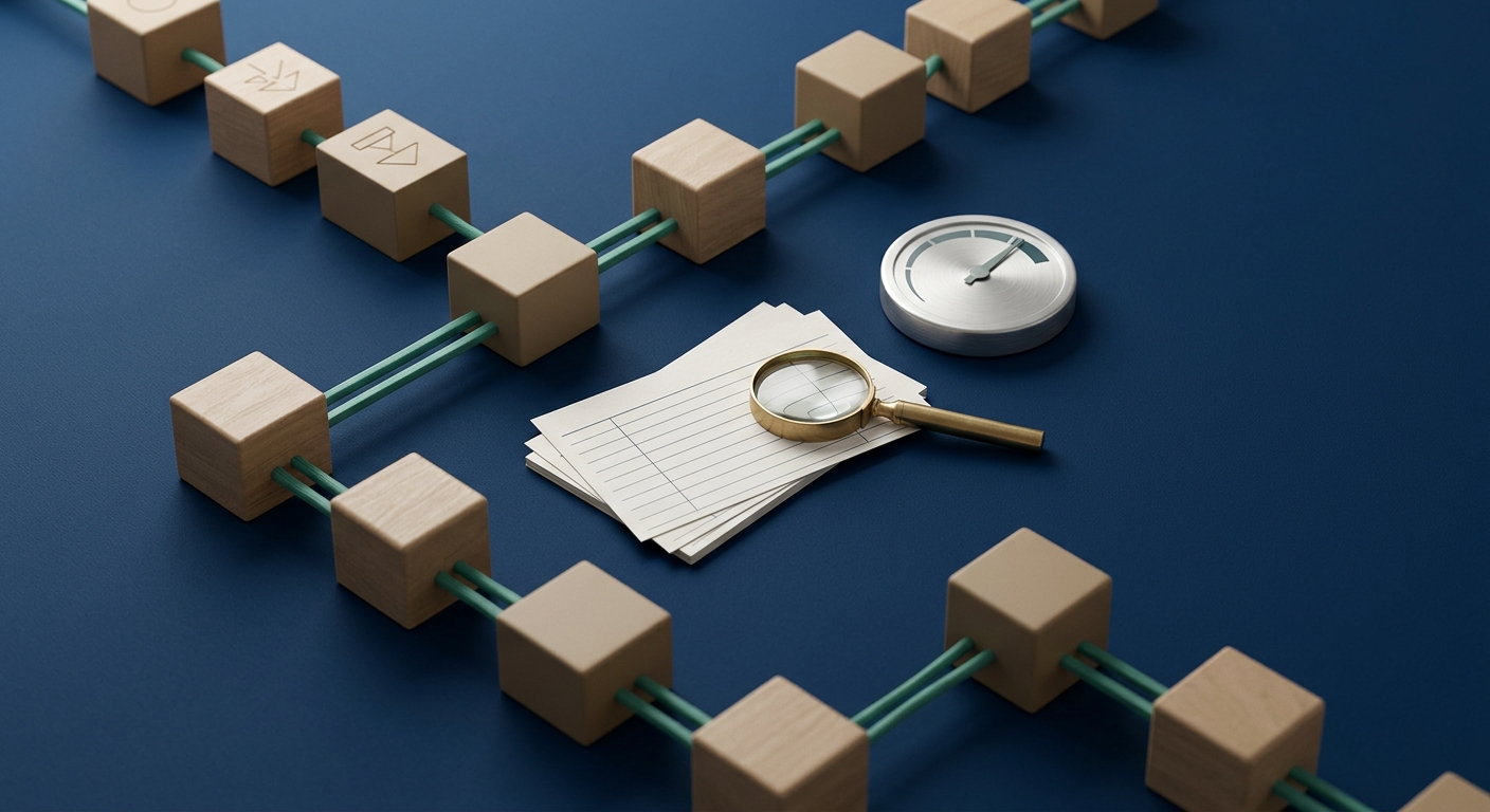 Modular blocks connected by green cords flowing in sequence, with a summary card, magnifying glass, and a gauge, representing a reliable AI workflow with validation and oversight.