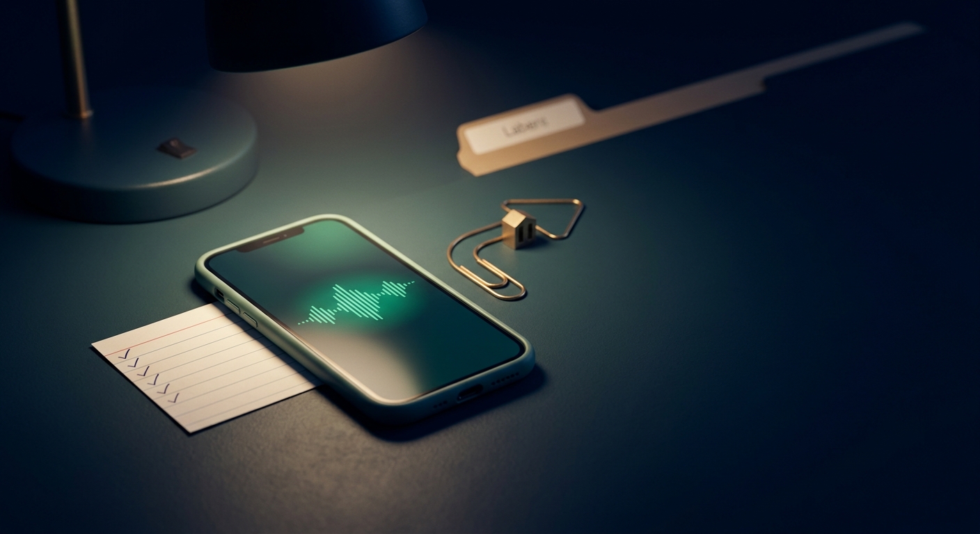 A glowing smartphone showing a voice waveform beside an intake checklist and routing folder, lit by a dim desk lamp, representing an AI receptionist qualifying and routing after-hours calls.