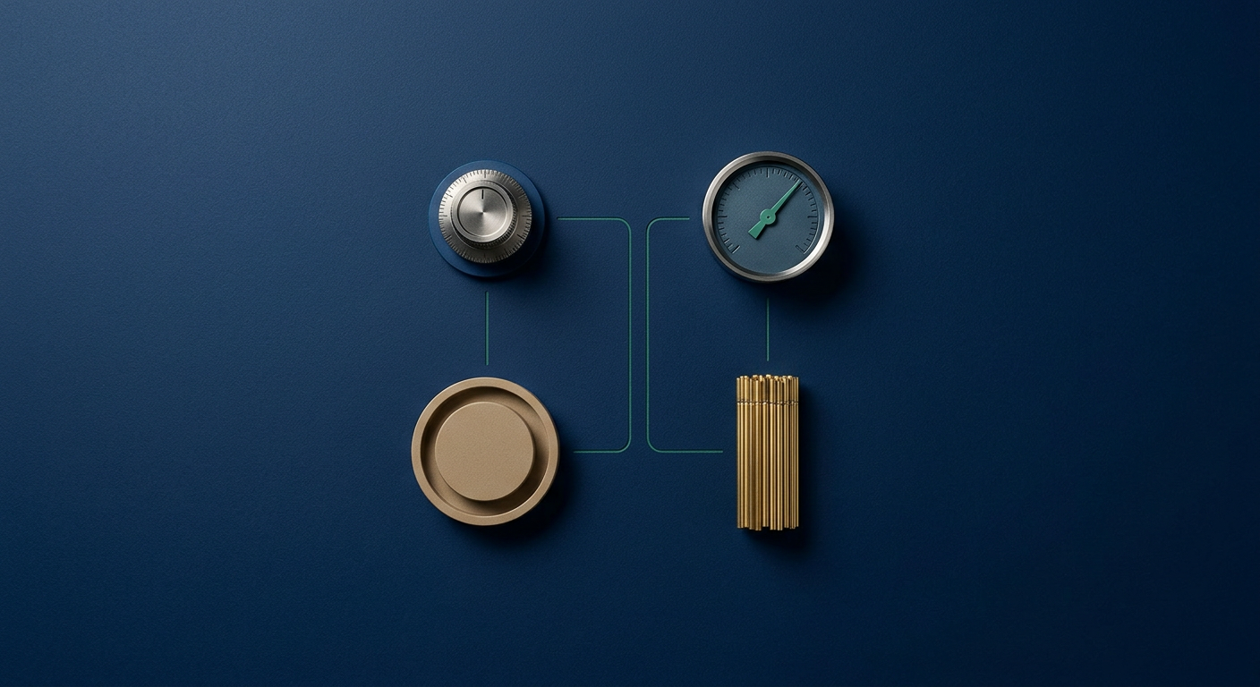 Four staged objects—a dial, nested discs, a gauge, and a bundle of rods—arranged as a unified set representing the four practical AI cost controls.