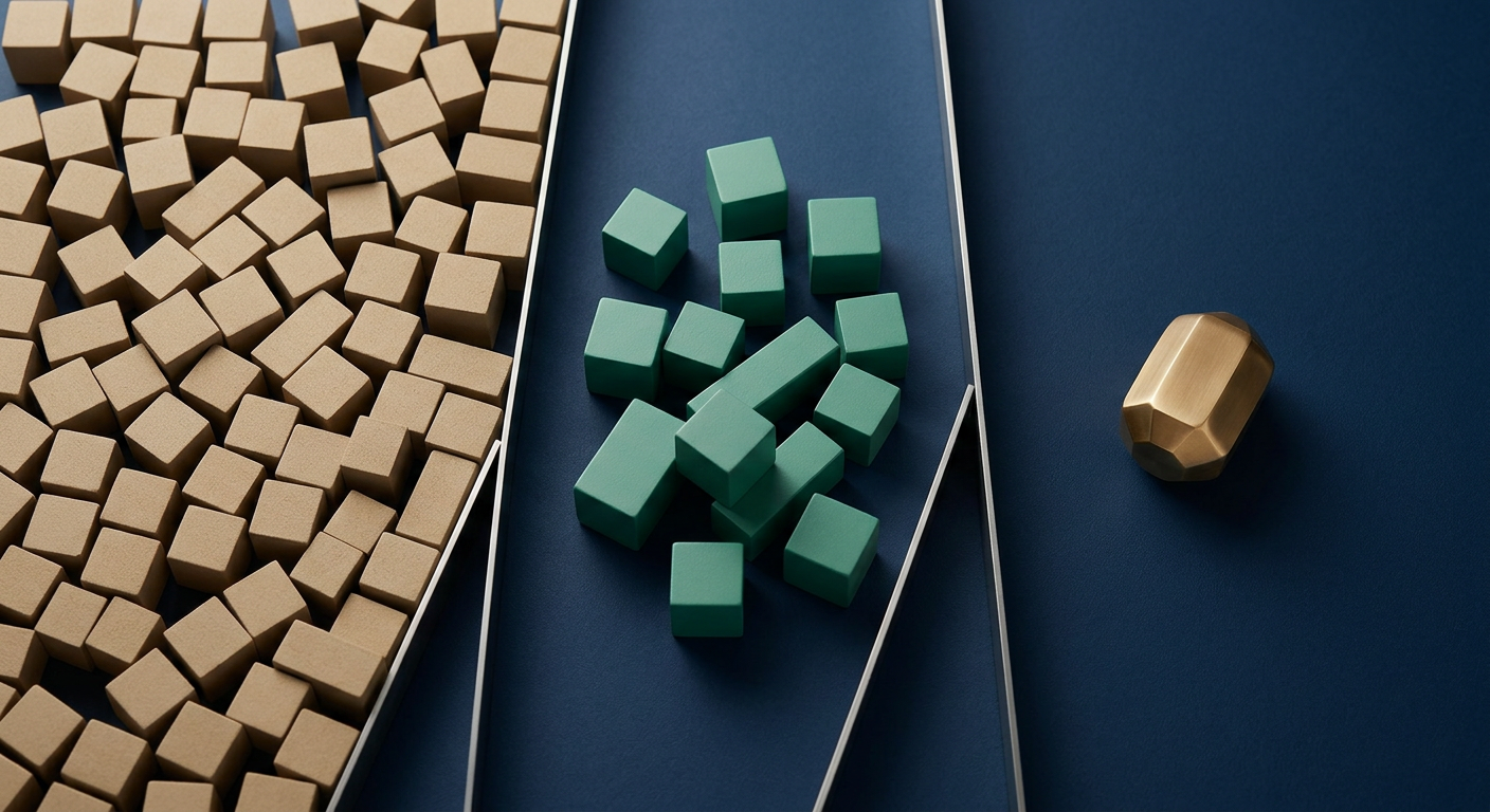 Three trays holding many sand cubes, fewer green blocks, and a single metallic object, representing the three-tier AI model routing system.