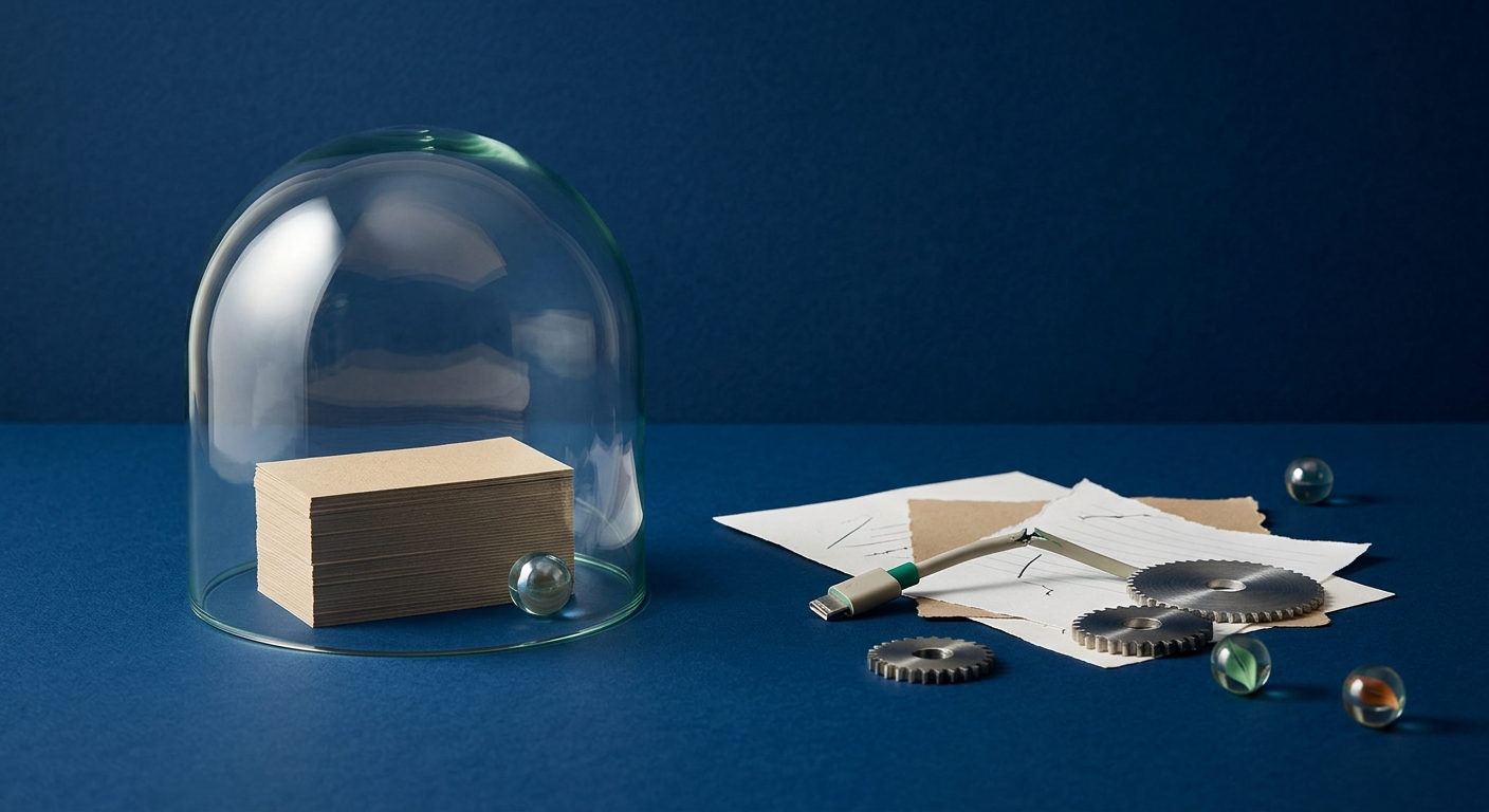 A glass dome enclosing tidy aligned cards on the left contrasted with scattered papers, a broken cable, and rolling marbles on the right, representing clean demos versus messy production.