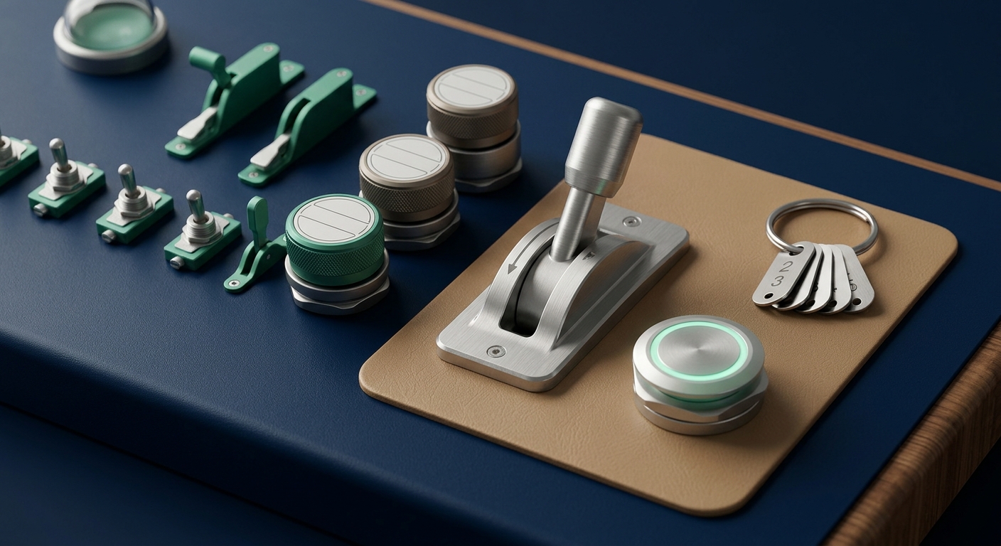An arrangement of toggle switches, an override lever, numbered version tags, and a glowing rollback button on a deep blue surface, representing governed AI workflow safeguards.