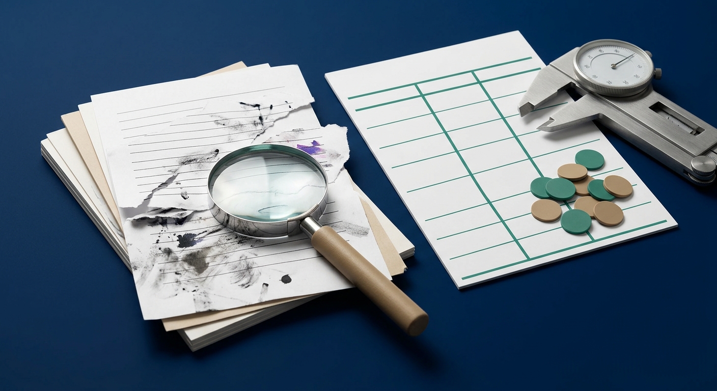 A lab-bench arrangement of clean and damaged sample documents, a blank scorecard grid, pass-fail tokens, a balance gauge, and a magnifying glass, representing AI pilot testing with edge cases.