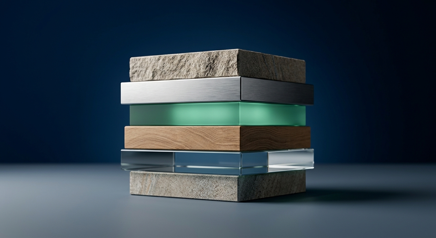 Five precisely stacked layers of stone, glass, and wood representing a layered AI compliance framework for small business.