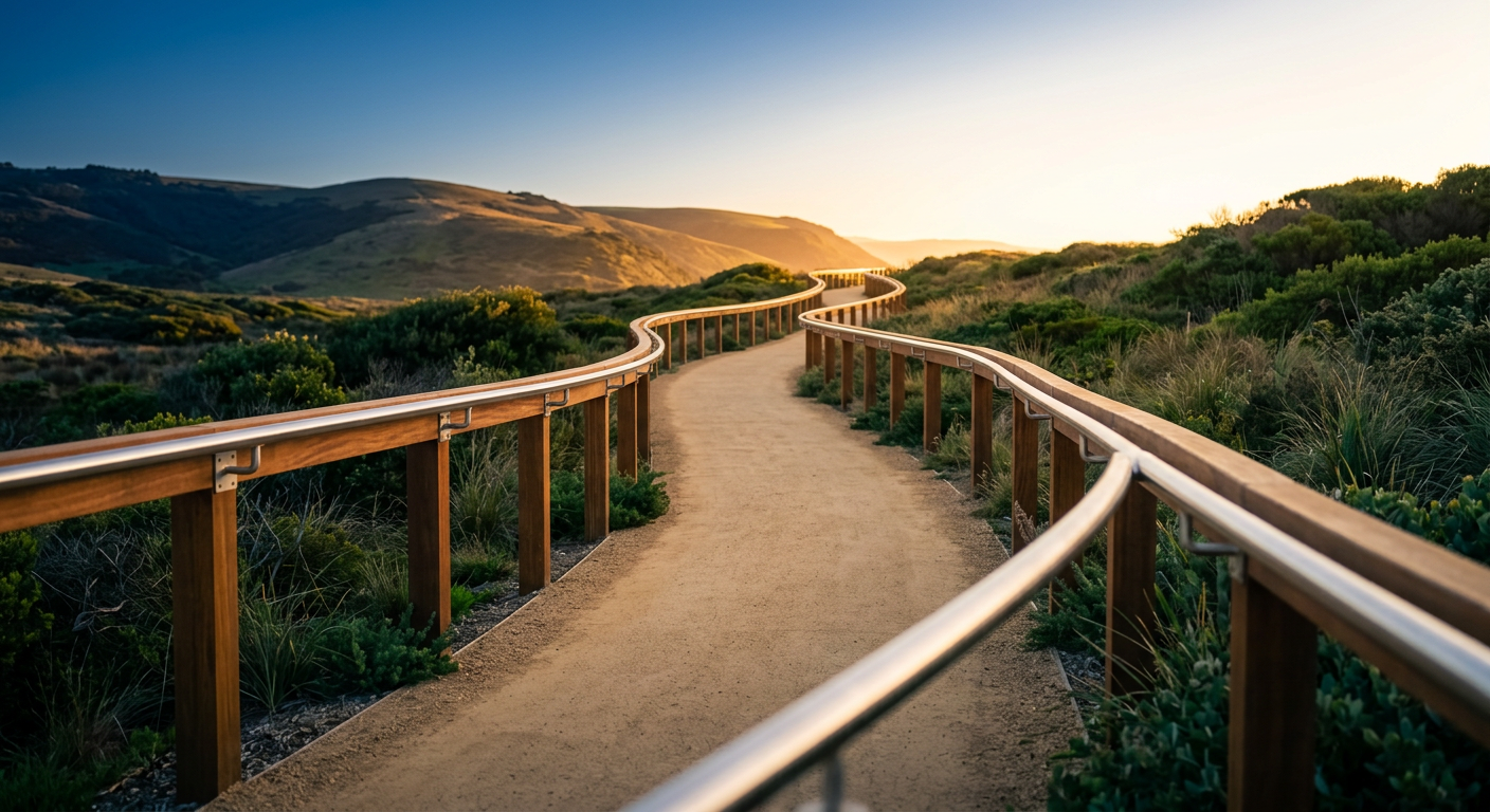 A clean curving path lined with sturdy guardrails leading toward a bright horizon, symbolizing a controlled AI rollout with guardrails built in first.