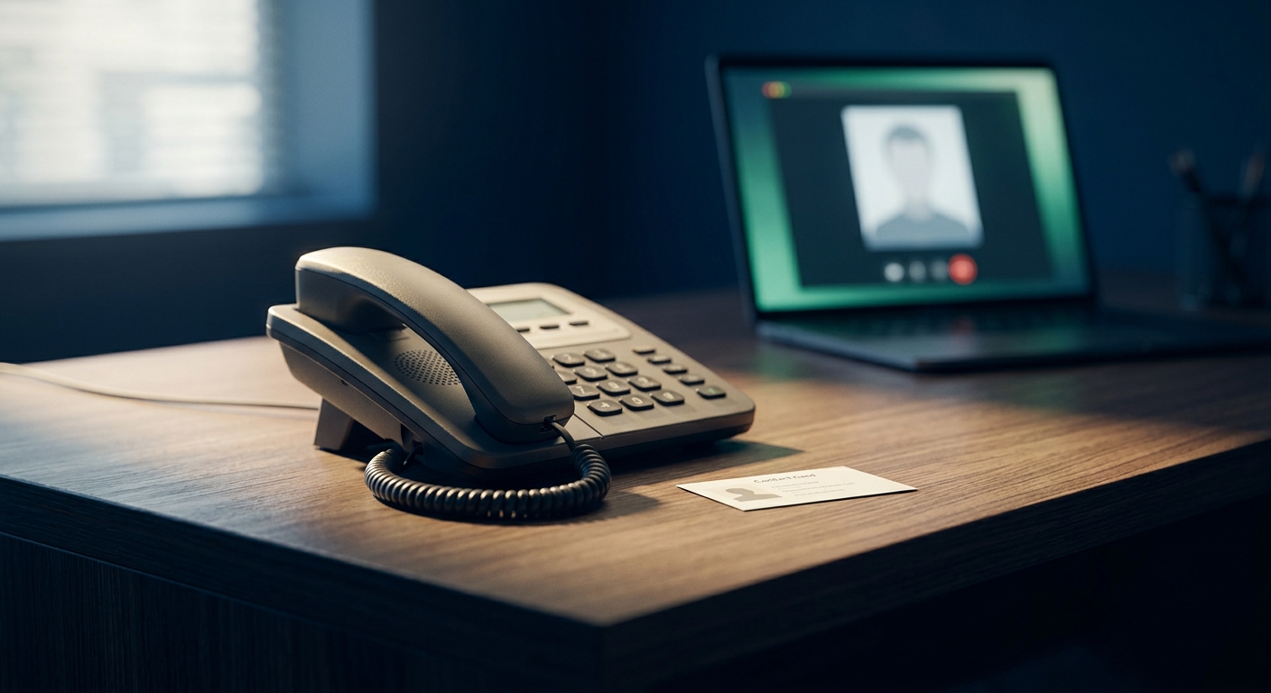 A desk phone mid call-back beside a printed contact card, with a blurred video call screen behind it, symbolizing identity verification against impersonation.